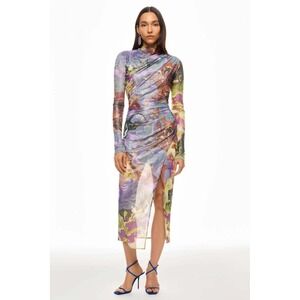 LA POINTE Abstract Print Mesh Ruched Long Sleeve Mock Neck Midi Dress XL